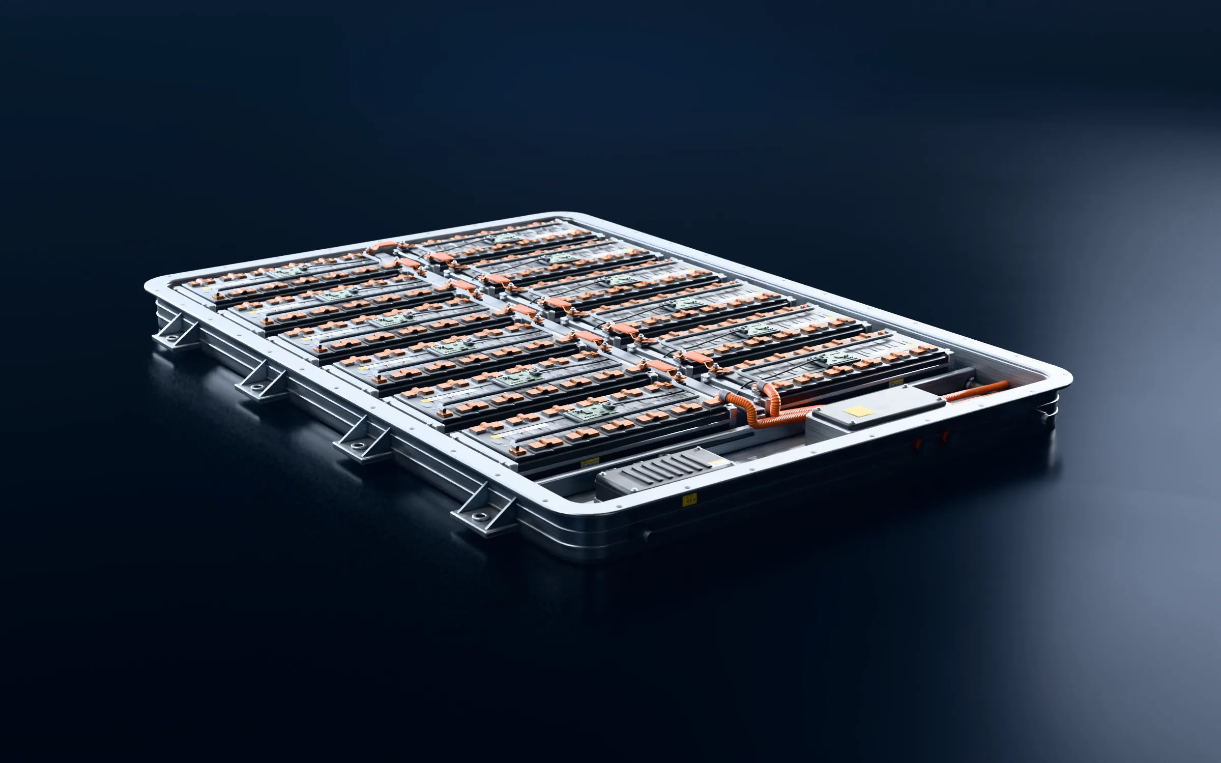 Illustratie van een hoogvoltbatterijpakket met modules, busbars en BMS
